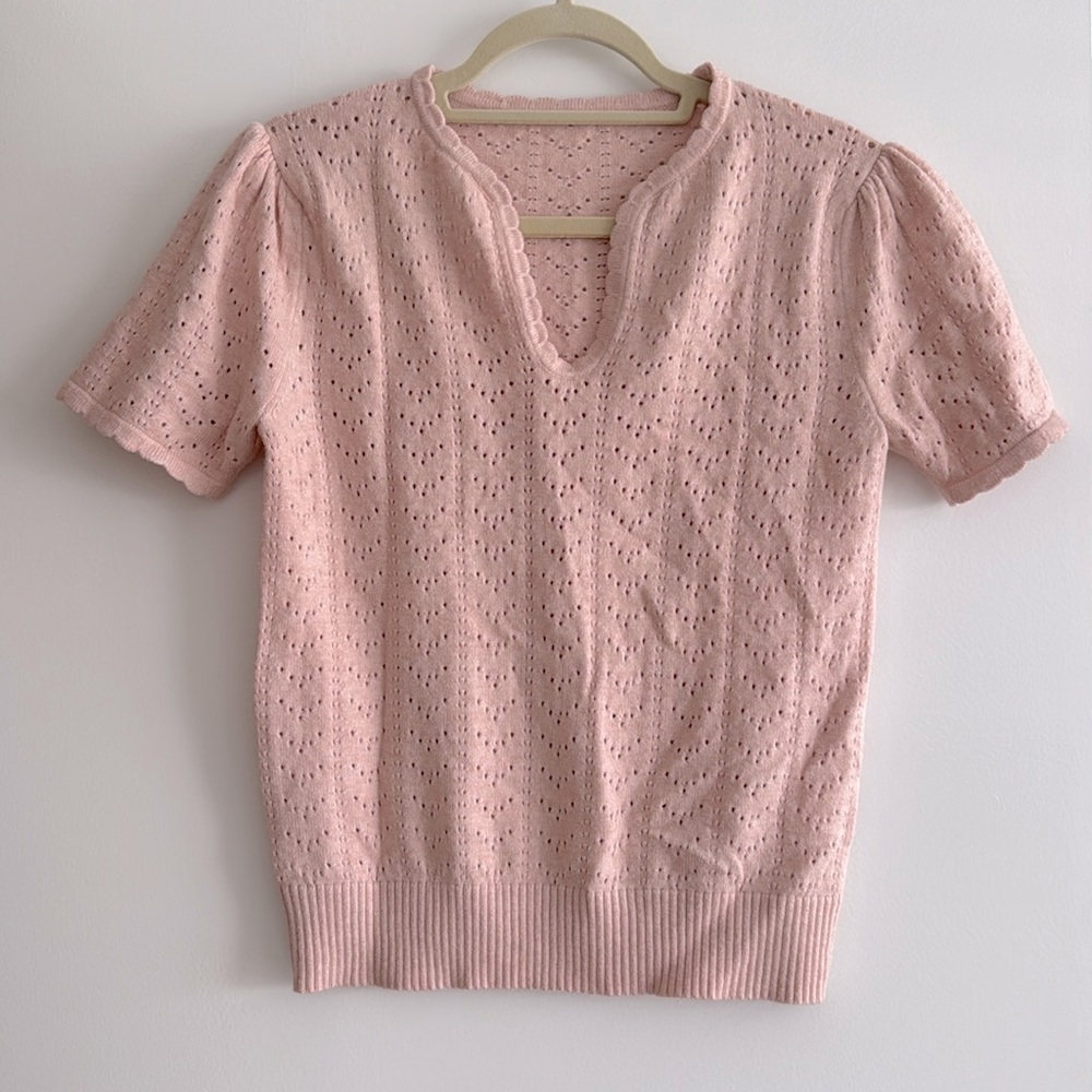 Women’s Short Sleeve Pink Crochet Knit Eyelet Blouse Pointelle Sweater Size S